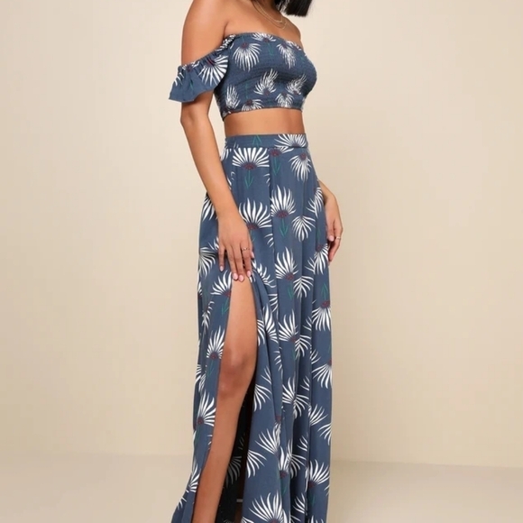 NWT Lulus Trancoso Dusty Blue Floral Print Two-Piece Maxi  Dress - Picture 2 of 12